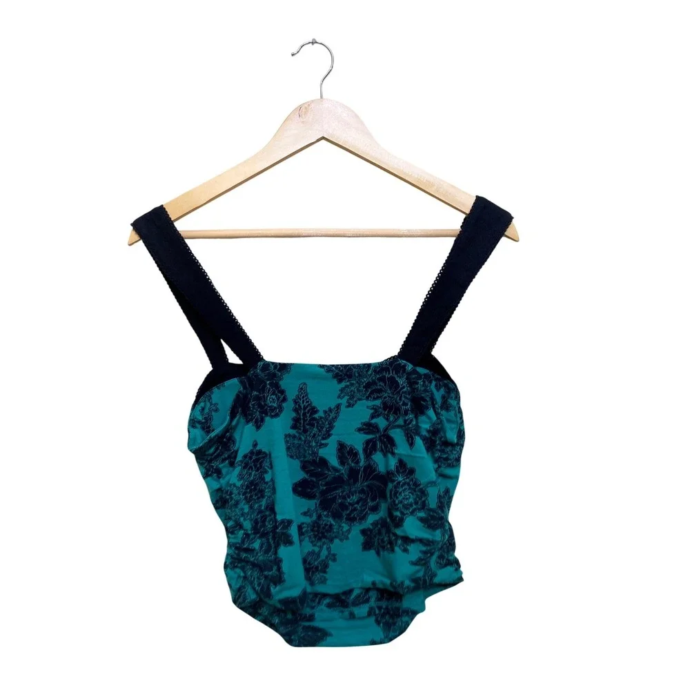 Free People Teal Navy Blue Floral Print Camisole Square Neck Lace Trim Tank Top